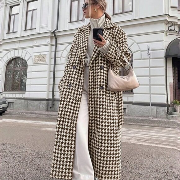 MODA ME COUTURE Jackets & Blazers - Houndstooth Casual Women's belted long trench Coat